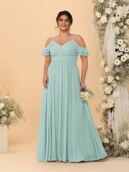 A-Line/Princess V-Neck Spaghetti Straps Chiffon Ruched Plus Size Bridesmaid Dresses