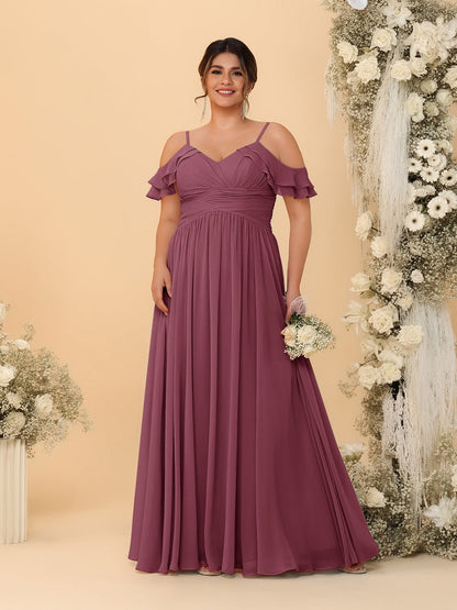 A-Line/Princess V-Neck Spaghetti Straps Chiffon Ruched Plus Size Bridesmaid Dresses