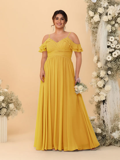 A-Line/Princess V-Neck Spaghetti Straps Chiffon Ruched Plus Size Bridesmaid Dresses