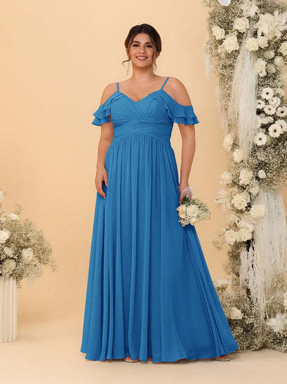 A-Line/Princess V-Neck Spaghetti Straps Chiffon Ruched Plus Size Bridesmaid Dresses