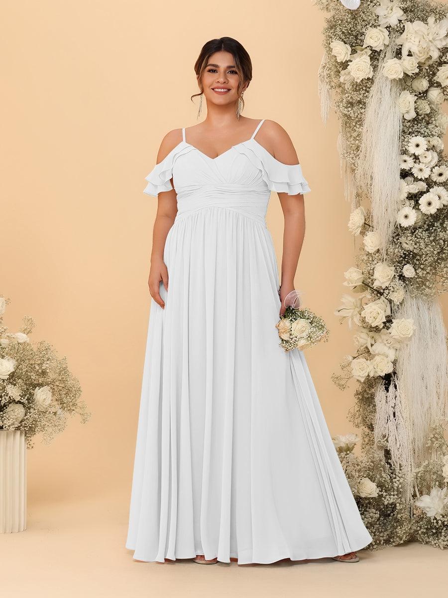 A-Line/Princess V-Neck Spaghetti Straps Chiffon Ruched Plus Size Bridesmaid Dresses