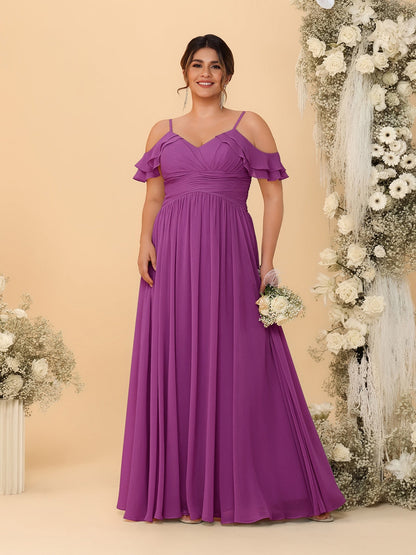 A-Line/Princess V-Neck Spaghetti Straps Chiffon Ruched Plus Size Bridesmaid Dresses