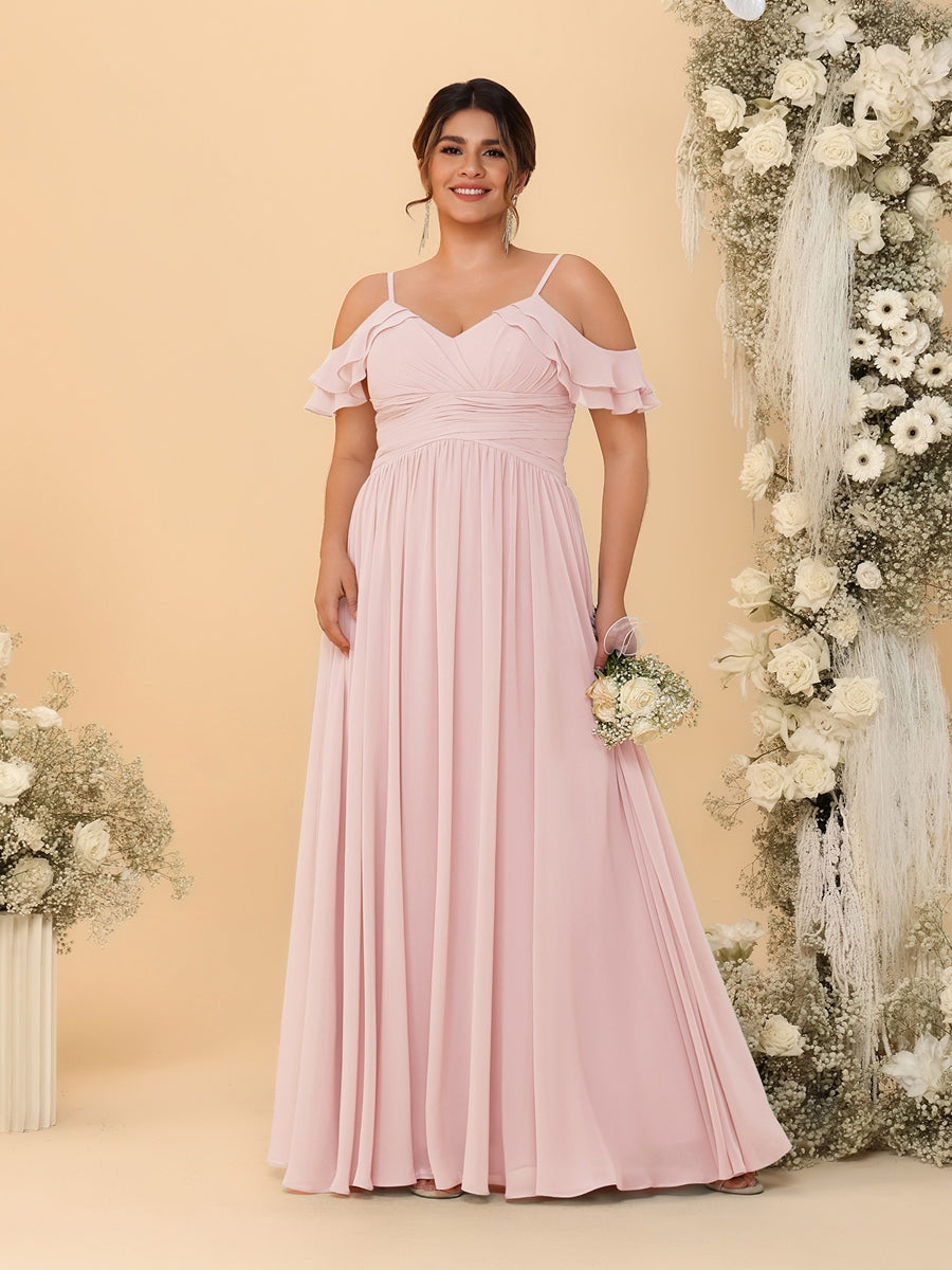 A-Line/Princess V-Neck Spaghetti Straps Chiffon Ruched Plus Size Bridesmaid Dresses