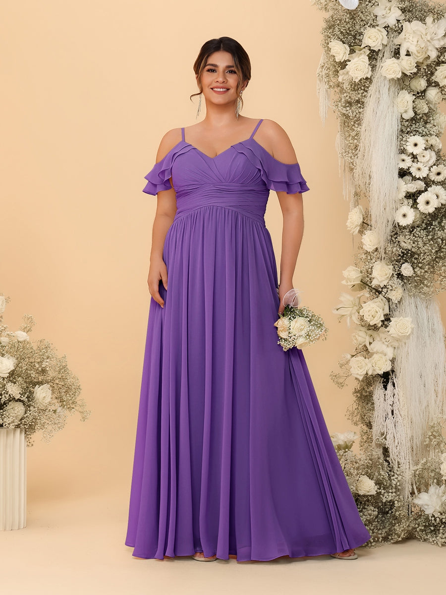 A-Line/Princess V-Neck Spaghetti Straps Chiffon Ruched Plus Size Bridesmaid Dresses