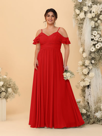 A-Line/Princess V-Neck Spaghetti Straps Chiffon Ruched Plus Size Bridesmaid Dresses