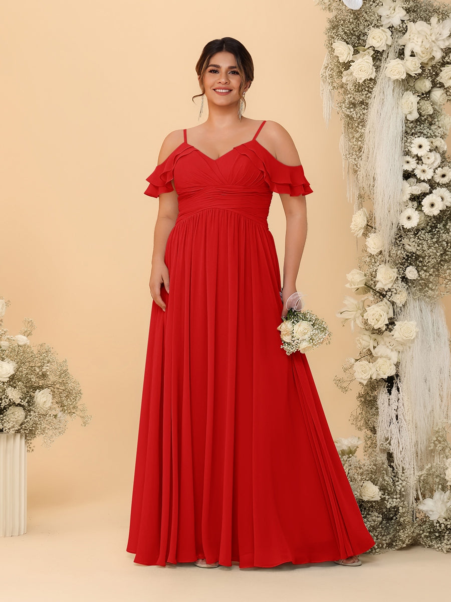 A-Line/Princess V-Neck Spaghetti Straps Chiffon Ruched Plus Size Bridesmaid Dresses