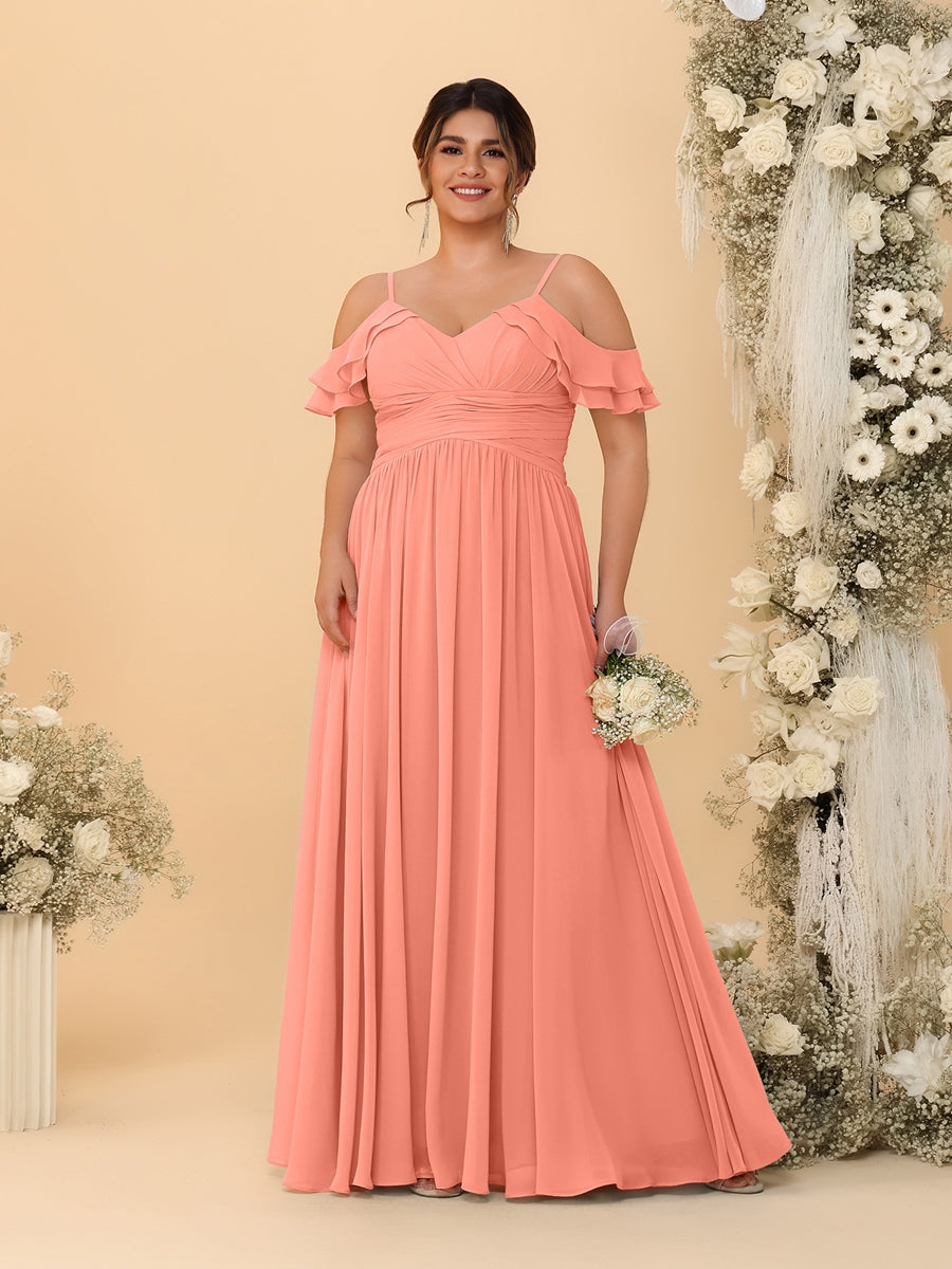 A-Line/Princess V-Neck Spaghetti Straps Chiffon Ruched Plus Size Bridesmaid Dresses