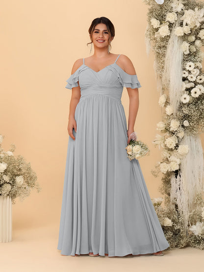 A-Line/Princess V-Neck Spaghetti Straps Chiffon Ruched Plus Size Bridesmaid Dresses