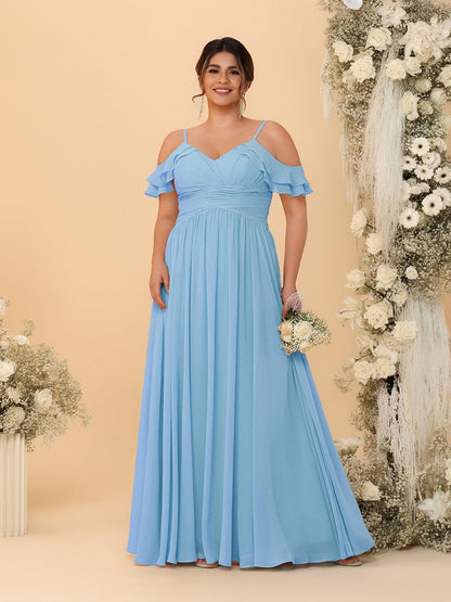 A-Line/Princess V-Neck Spaghetti Straps Chiffon Ruched Plus Size Bridesmaid Dresses
