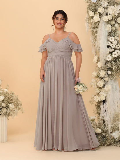 A-Line/Princess V-Neck Spaghetti Straps Chiffon Ruched Plus Size Bridesmaid Dresses