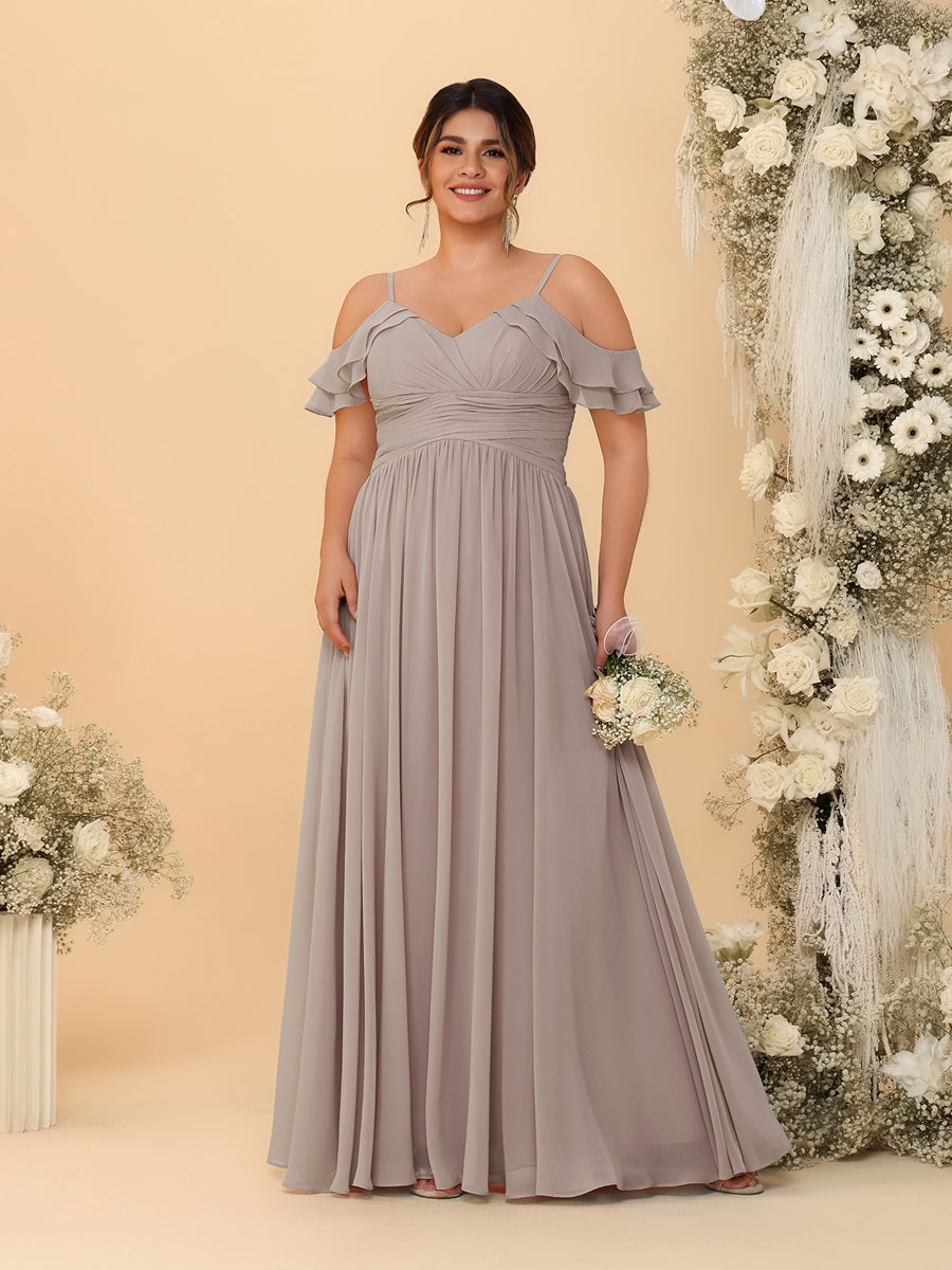 A-Line/Princess V-Neck Spaghetti Straps Chiffon Ruched Plus Size Bridesmaid Dresses