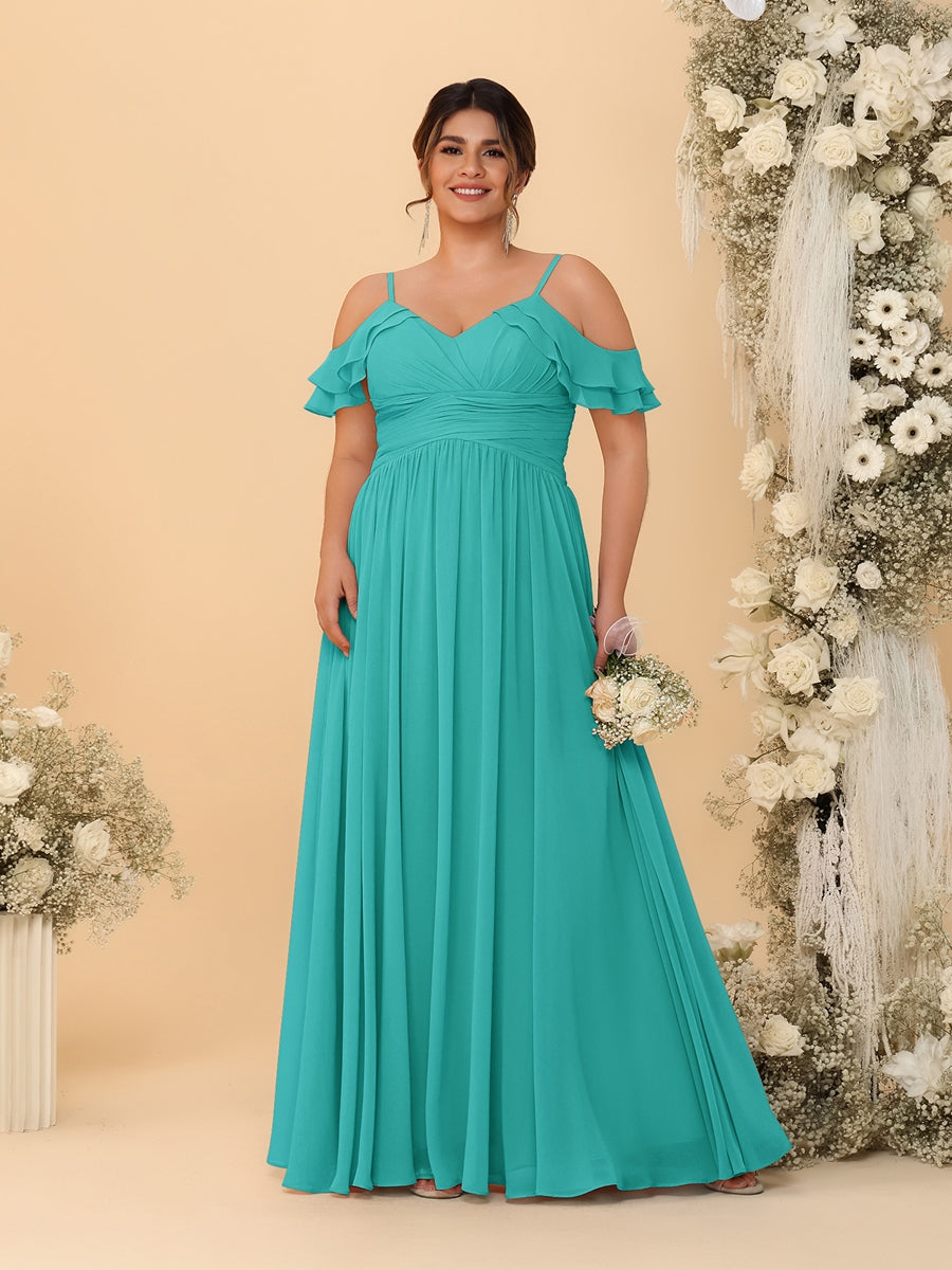 A-Line/Princess V-Neck Spaghetti Straps Chiffon Ruched Plus Size Bridesmaid Dresses