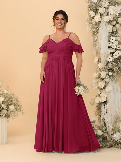 A-Line/Princess V-Neck Spaghetti Straps Chiffon Ruched Plus Size Bridesmaid Dresses