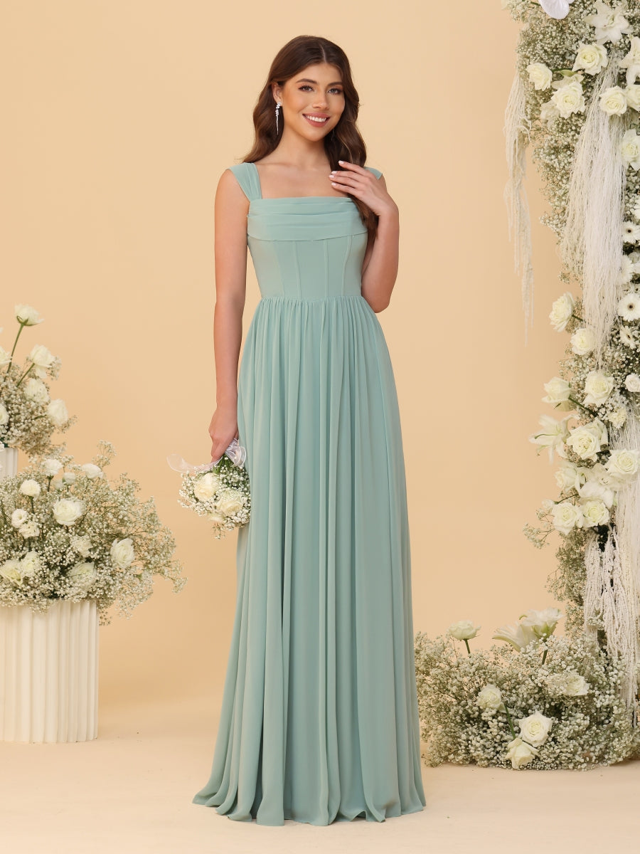 Chiffon A-Line/Princess Square Neck Sleeveless Bridesmaid Dresses with Pleats