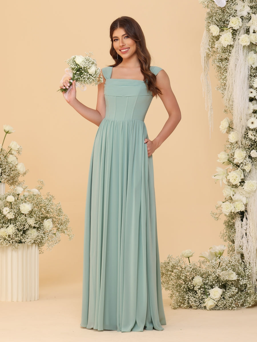 Chiffon A-Line/Princess Square Neck Sleeveless Bridesmaid Dresses with Pleats