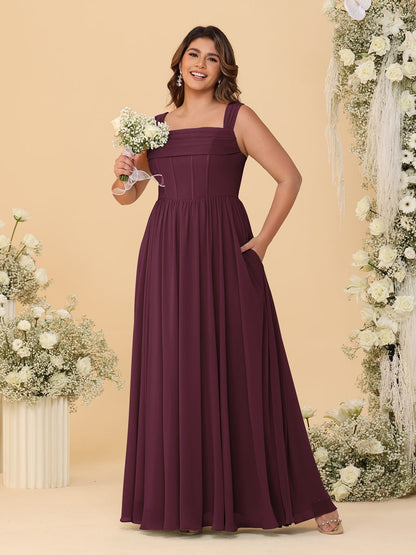 Chiffon A-Line/Princess Square Neck Sleeveless Plus Size Bridesmaid Dresses with Pleats