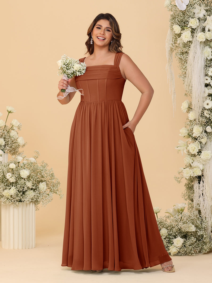 Chiffon A-Line/Princess Square Neck Sleeveless Plus Size Bridesmaid Dresses with Pleats