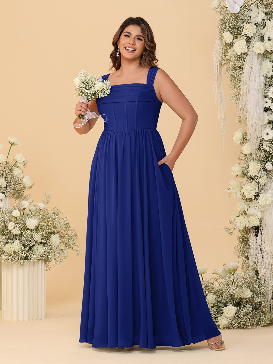 Chiffon A-Line/Princess Square Neck Sleeveless Plus Size Bridesmaid Dresses with Pleats