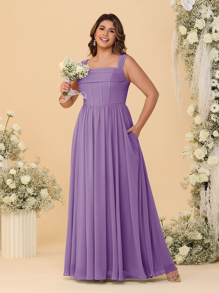 Chiffon A-Line/Princess Square Neck Sleeveless Plus Size Bridesmaid Dresses with Pleats