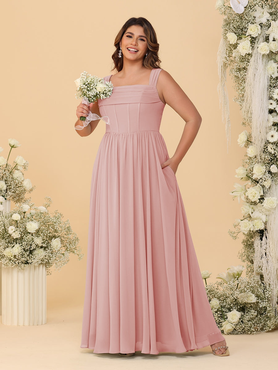Chiffon A-Line/Princess Square Neck Sleeveless Plus Size Bridesmaid Dresses with Pleats