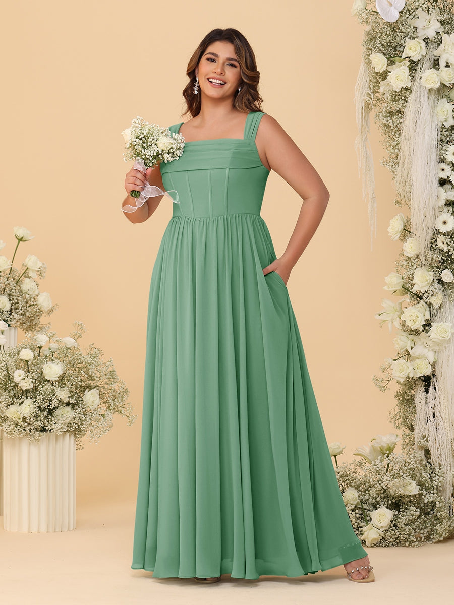 Chiffon A-Line/Princess Square Neck Sleeveless Plus Size Bridesmaid Dresses with Pleats