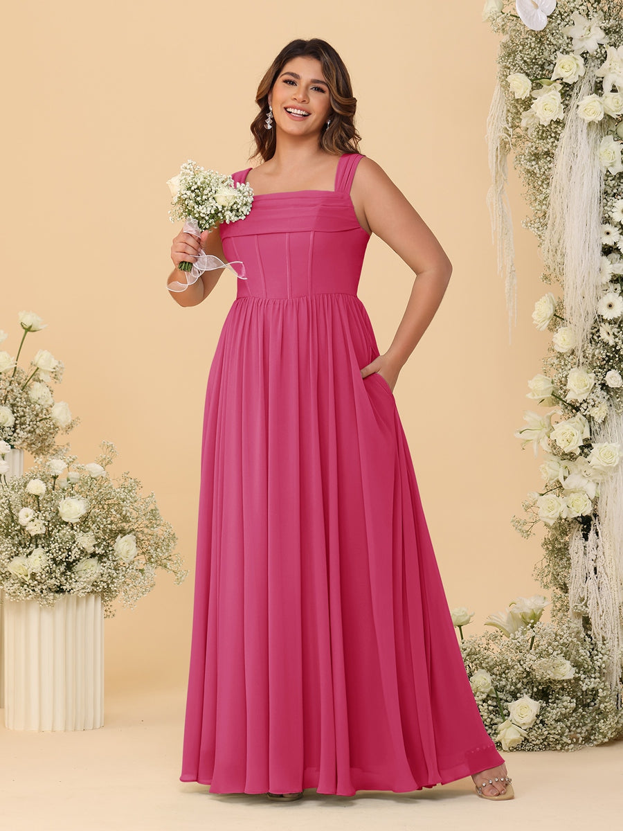 Chiffon A-Line/Princess Square Neck Sleeveless Plus Size Bridesmaid Dresses with Pleats