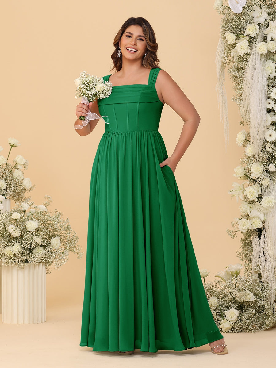 Chiffon A-Line/Princess Square Neck Sleeveless Plus Size Bridesmaid Dresses with Pleats