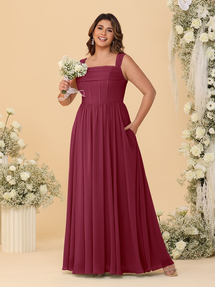 Chiffon A-Line/Princess Square Neck Sleeveless Plus Size Bridesmaid Dresses with Pleats