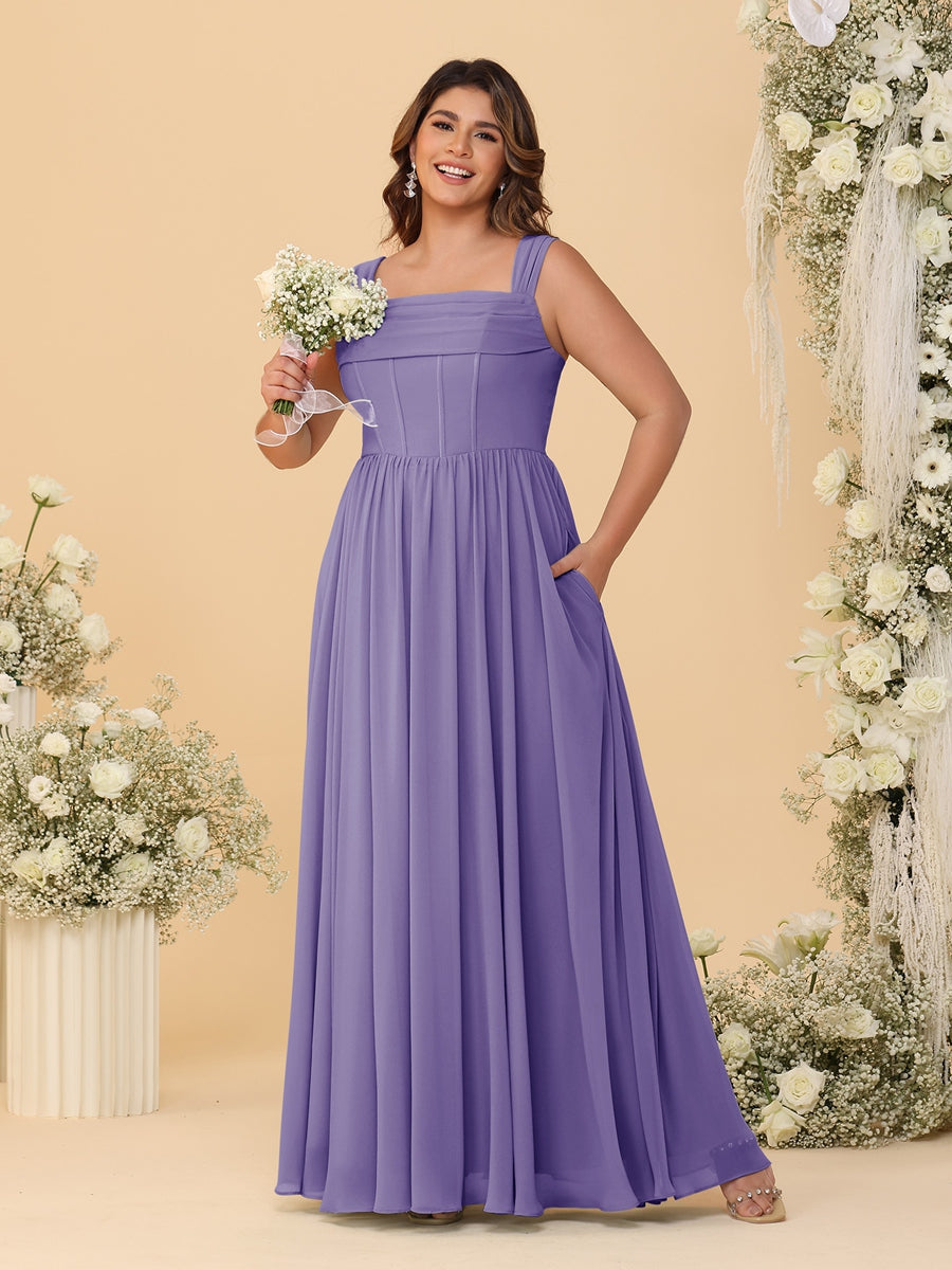 Chiffon A-Line/Princess Square Neck Sleeveless Plus Size Bridesmaid Dresses with Pleats