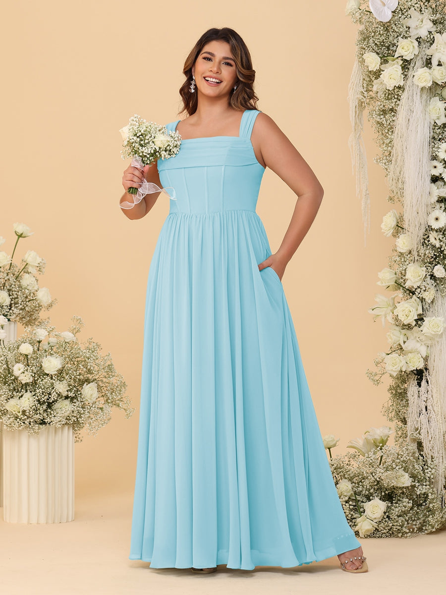 Chiffon A-Line/Princess Square Neck Sleeveless Plus Size Bridesmaid Dresses with Pleats