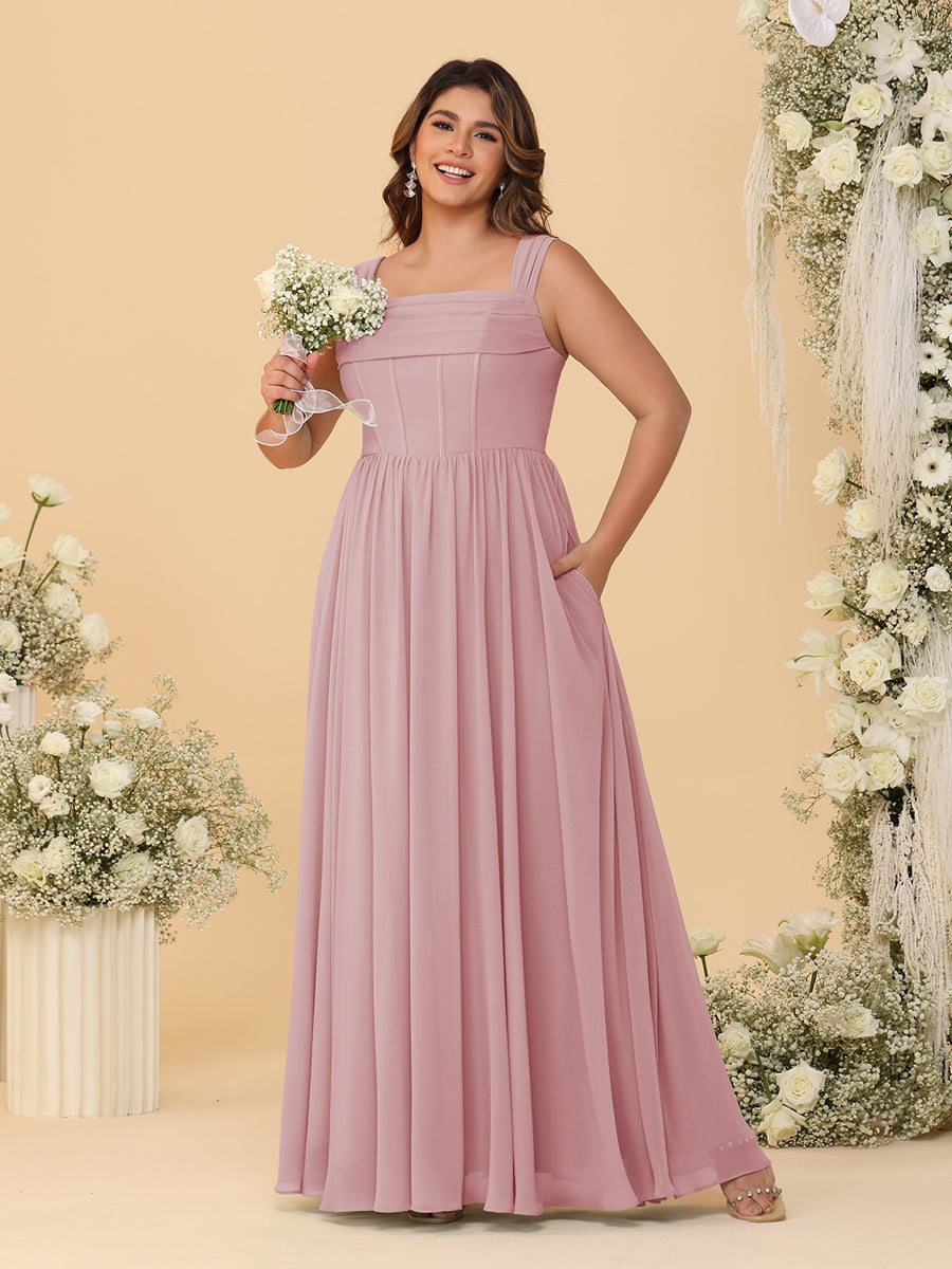 Chiffon A-Line/Princess Square Neck Sleeveless Plus Size Bridesmaid Dresses with Pleats