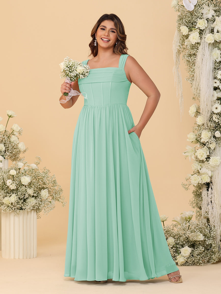 Chiffon A-Line/Princess Square Neck Sleeveless Plus Size Bridesmaid Dresses with Pleats