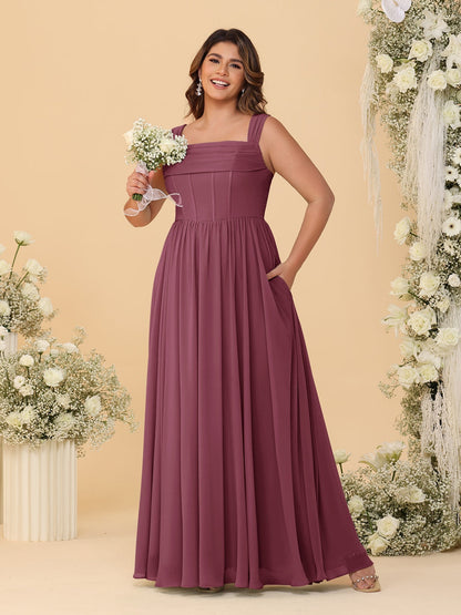Chiffon A-Line/Princess Square Neck Sleeveless Plus Size Bridesmaid Dresses with Pleats