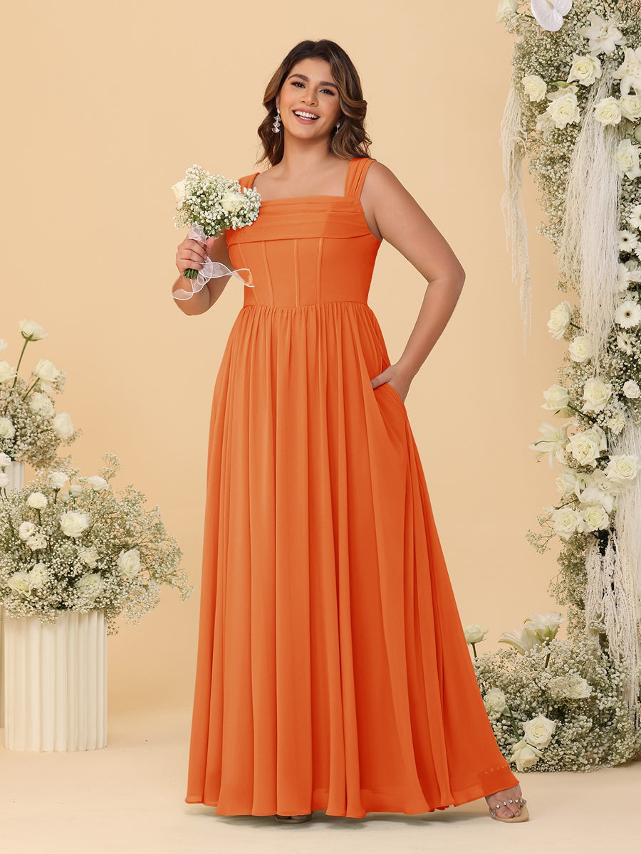 Chiffon A-Line/Princess Square Neck Sleeveless Plus Size Bridesmaid Dresses with Pleats