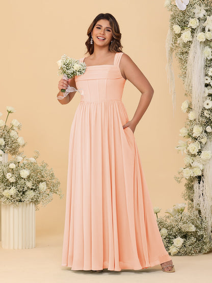 Chiffon A-Line/Princess Square Neck Sleeveless Plus Size Bridesmaid Dresses with Pleats