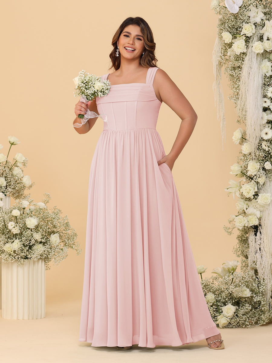 Chiffon A-Line/Princess Square Neck Sleeveless Plus Size Bridesmaid Dresses with Pleats