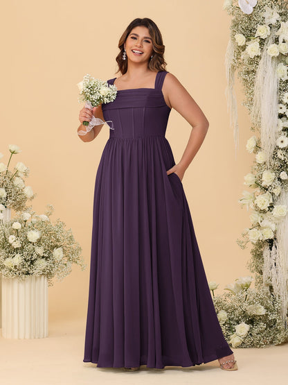Chiffon A-Line/Princess Square Neck Sleeveless Plus Size Bridesmaid Dresses with Pleats