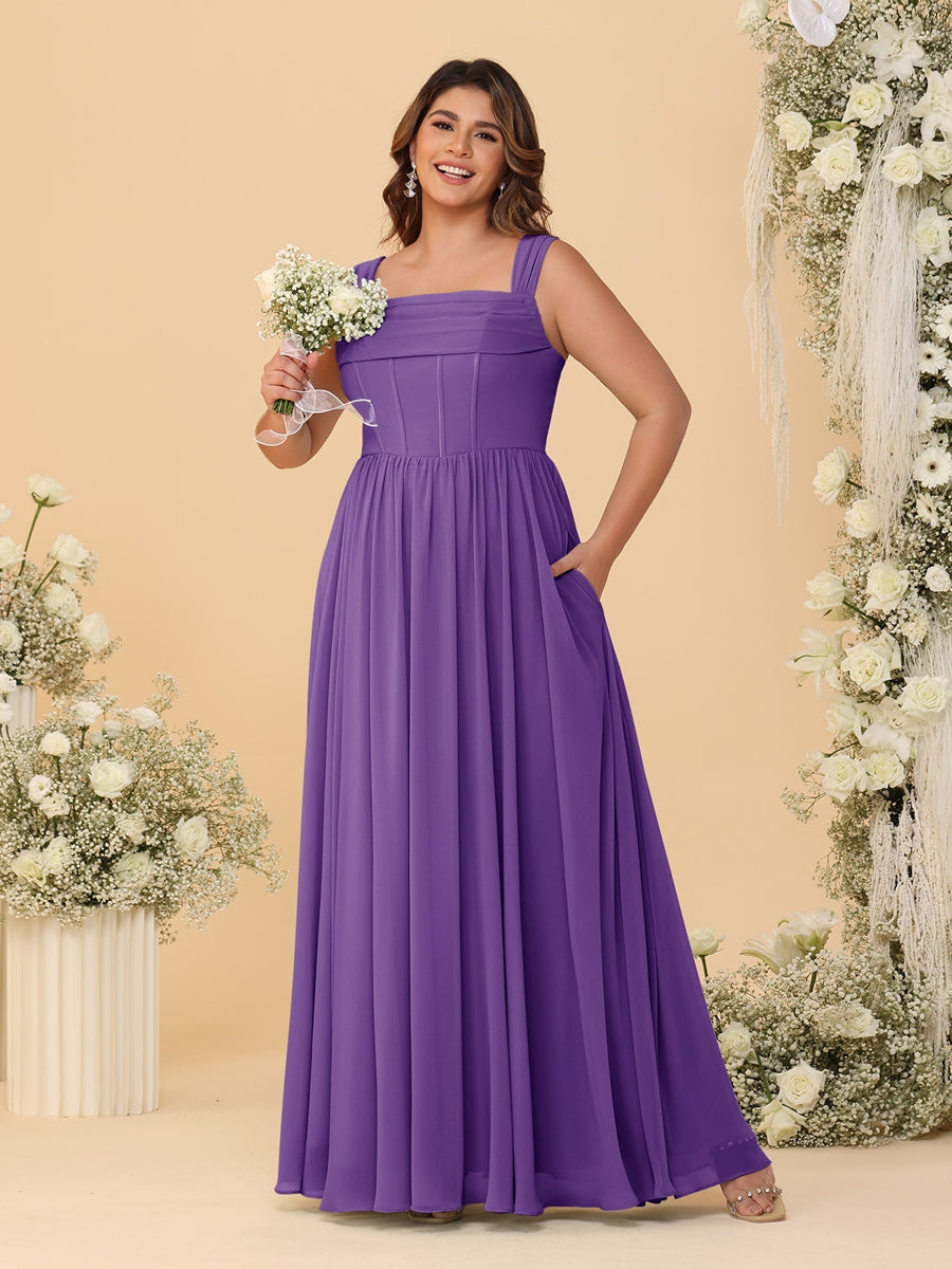 Chiffon A-Line/Princess Square Neck Sleeveless Plus Size Bridesmaid Dresses with Pleats
