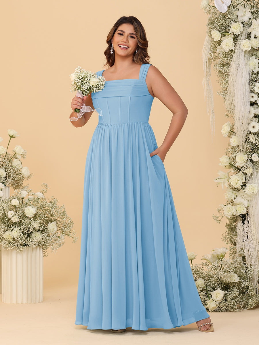 Chiffon A-Line/Princess Square Neck Sleeveless Plus Size Bridesmaid Dresses with Pleats