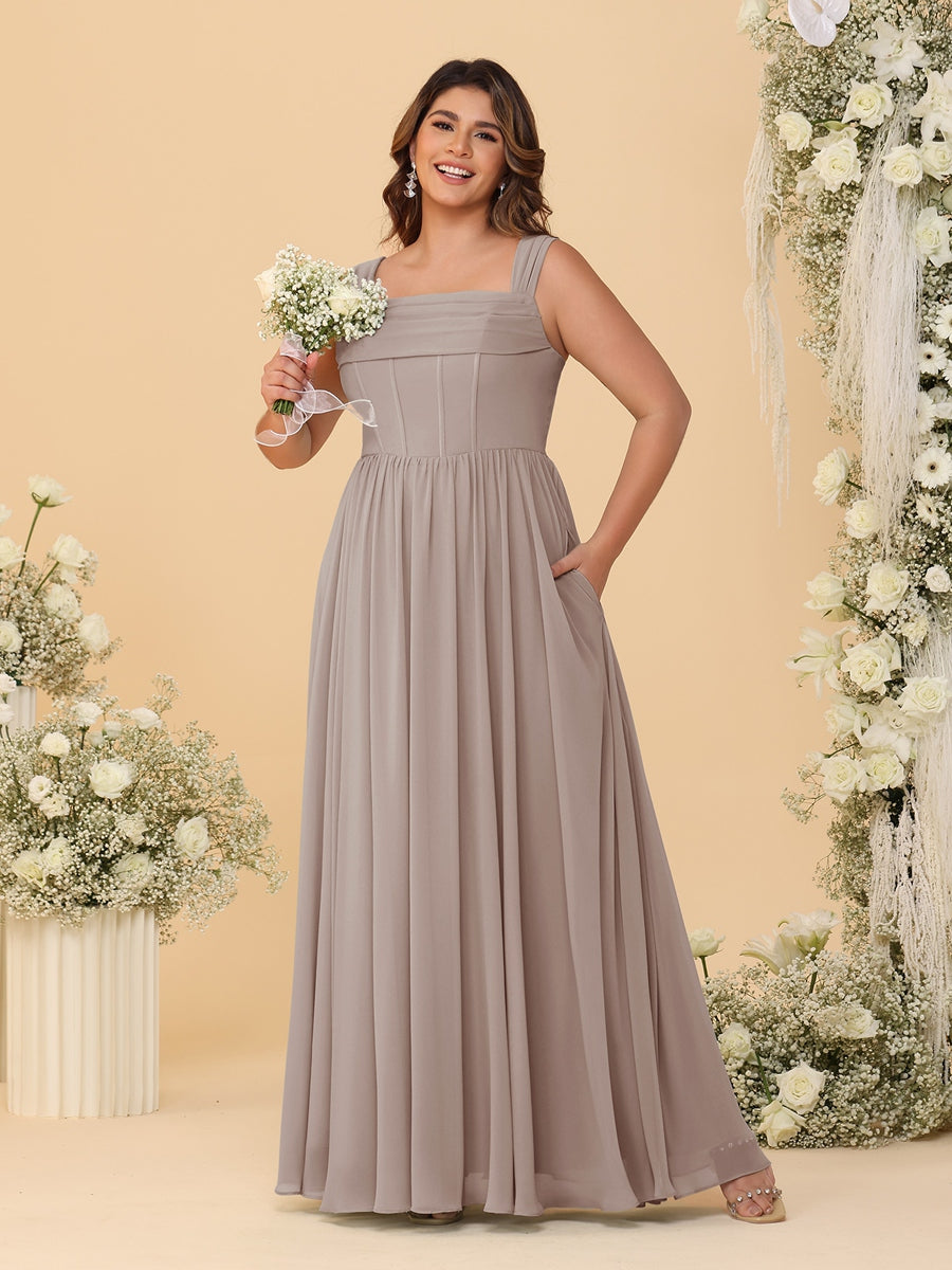Chiffon A-Line/Princess Square Neck Sleeveless Plus Size Bridesmaid Dresses with Pleats