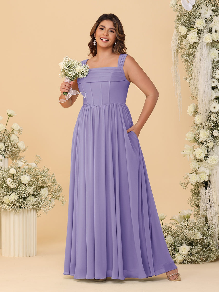 Chiffon A-Line/Princess Square Neck Sleeveless Plus Size Bridesmaid Dresses with Pleats