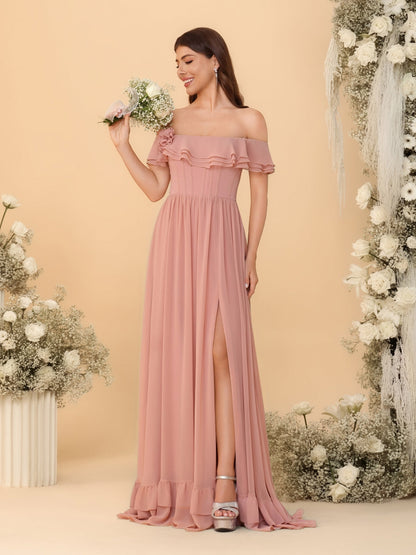 Chiffon A-Line/Princess Off-the-Shoulder Short Sleeves Ruched Bridesmaid Dresses
