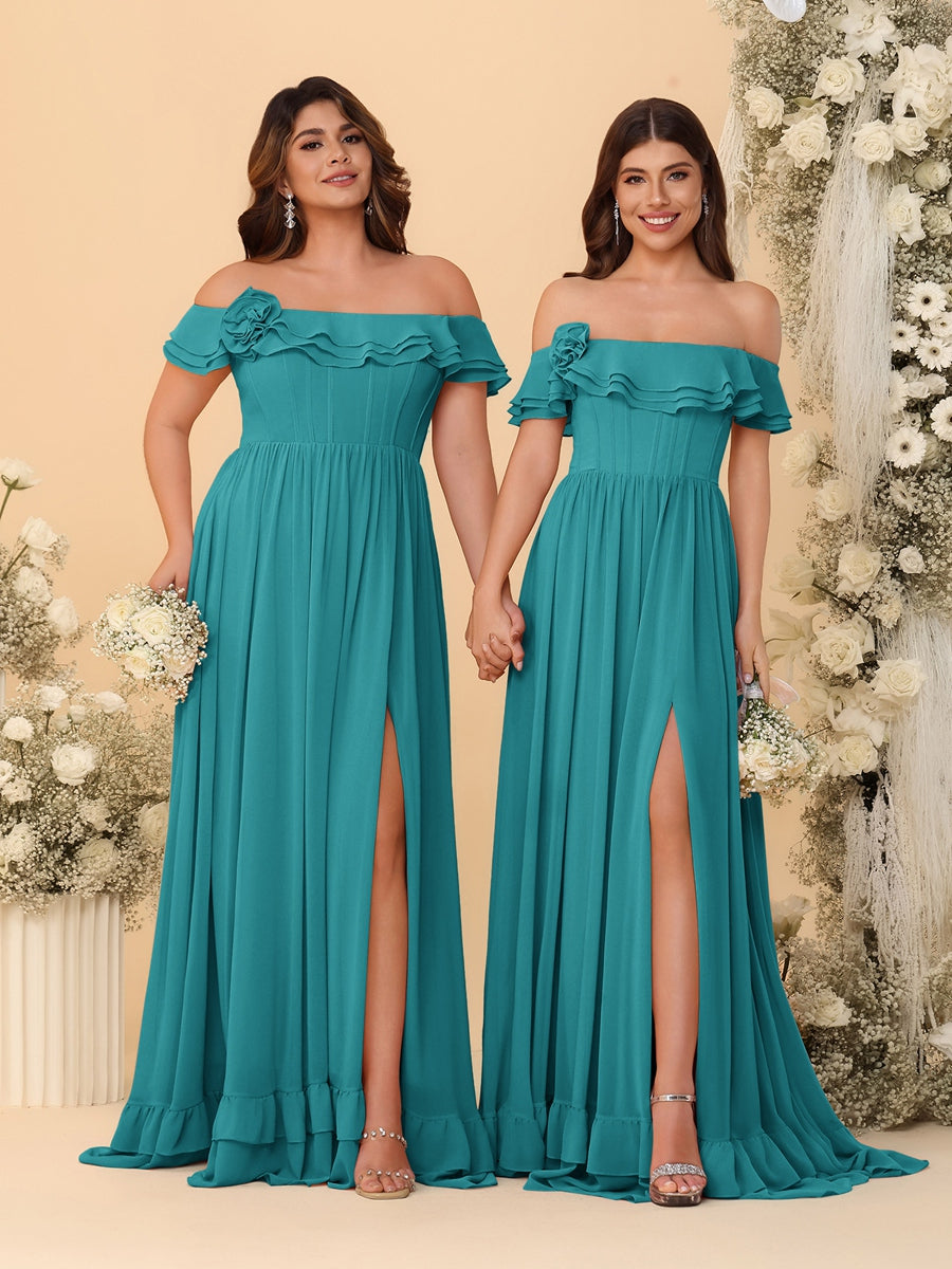 Chiffon A-Line/Princess Off-the-Shoulder Short Sleeves Ruched Bridesmaid Dresses