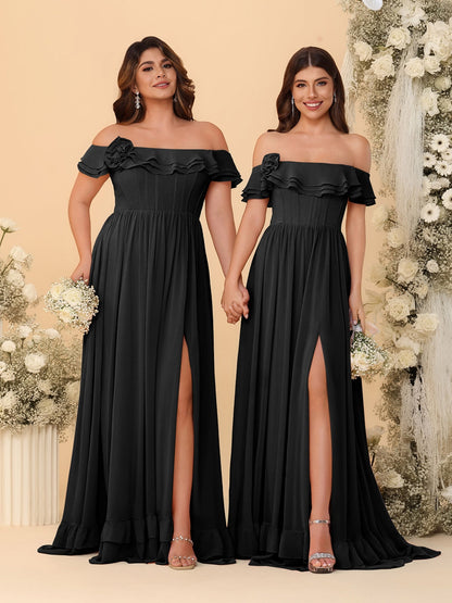 Chiffon A-Line/Princess Off-the-Shoulder Short Sleeves Ruched Bridesmaid Dresses