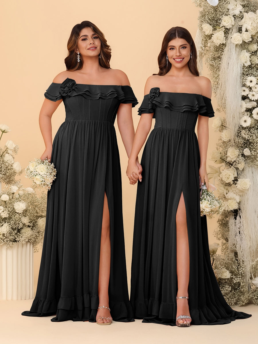 Chiffon A-Line/Princess Off-the-Shoulder Short Sleeves Ruched Bridesmaid Dresses