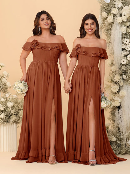 Chiffon A-Line/Princess Off-the-Shoulder Short Sleeves Ruched Bridesmaid Dresses