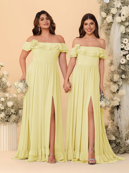 Chiffon A-Line/Princess Off-the-Shoulder Short Sleeves Ruched Bridesmaid Dresses
