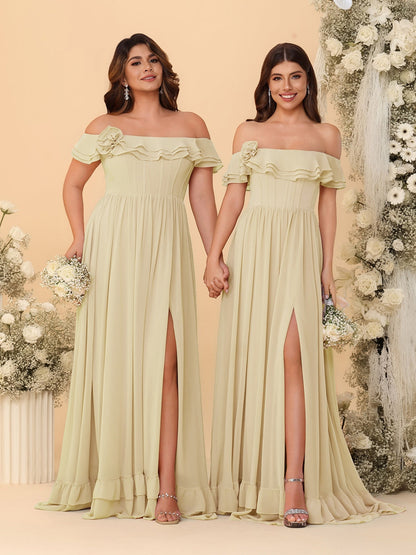Chiffon A-Line/Princess Off-the-Shoulder Short Sleeves Ruched Bridesmaid Dresses