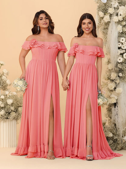 Chiffon A-Line/Princess Off-the-Shoulder Short Sleeves Ruched Bridesmaid Dresses