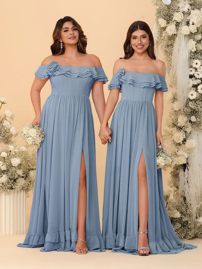 Chiffon A-Line/Princess Off-the-Shoulder Short Sleeves Ruched Bridesmaid Dresses